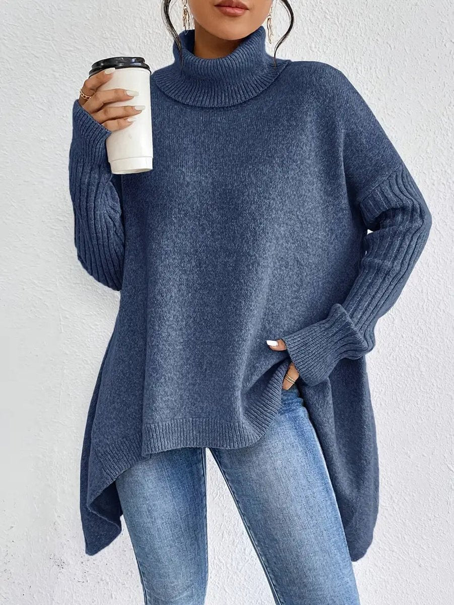 Women's Oversized Ribbed-Trim Turtleneck Sweater High-Low Hem product view