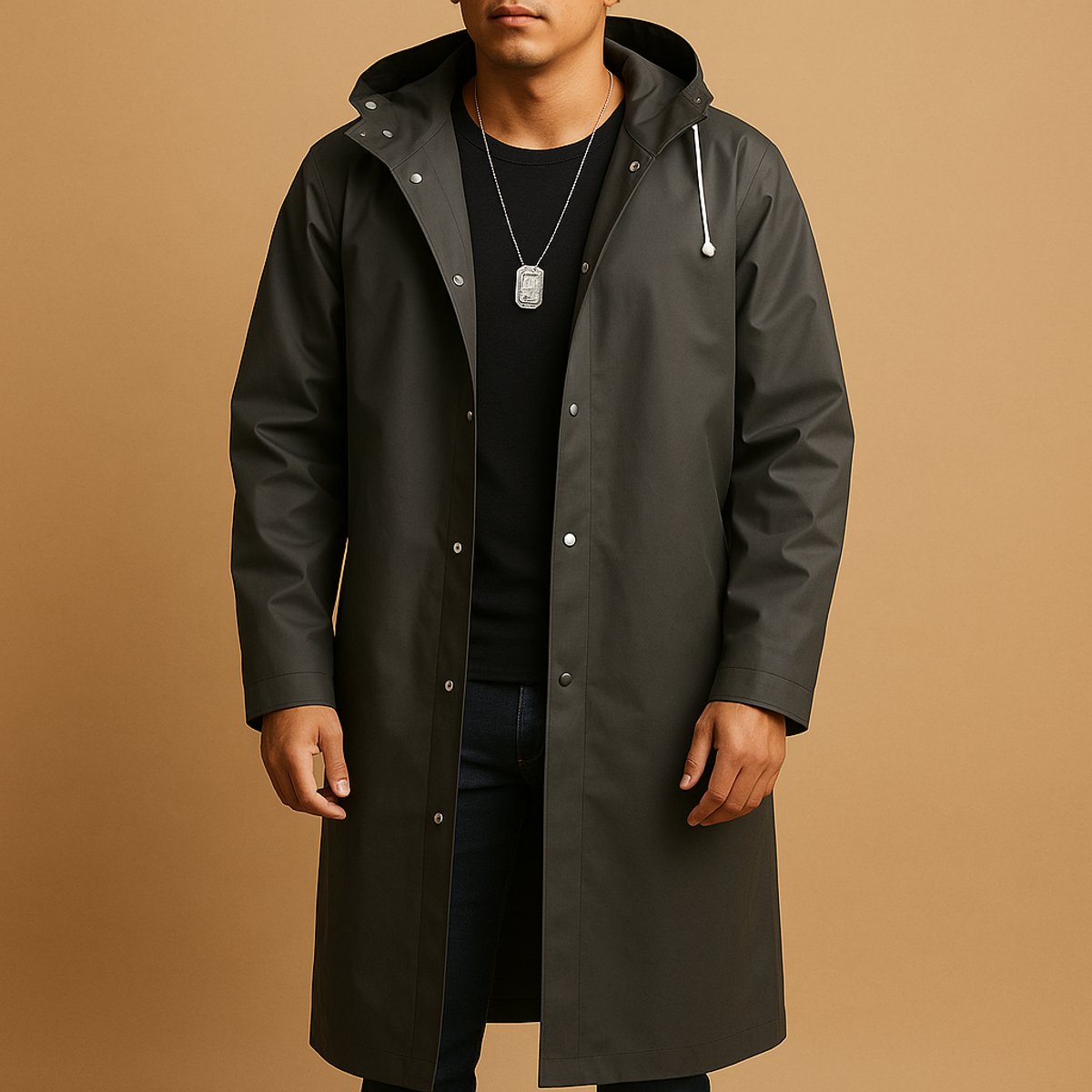 Men's Waterproof Hooded Long Rain Jacket EVA Snap-Button product view
