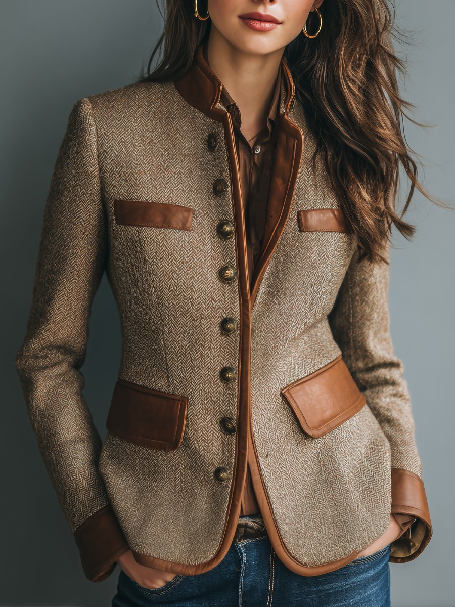 Women's Vintage Herringbone Tweed Leather-Trim Button-Front Jacket product view