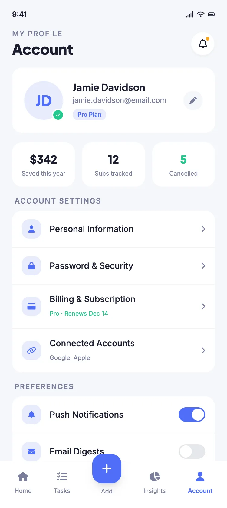 Account screen