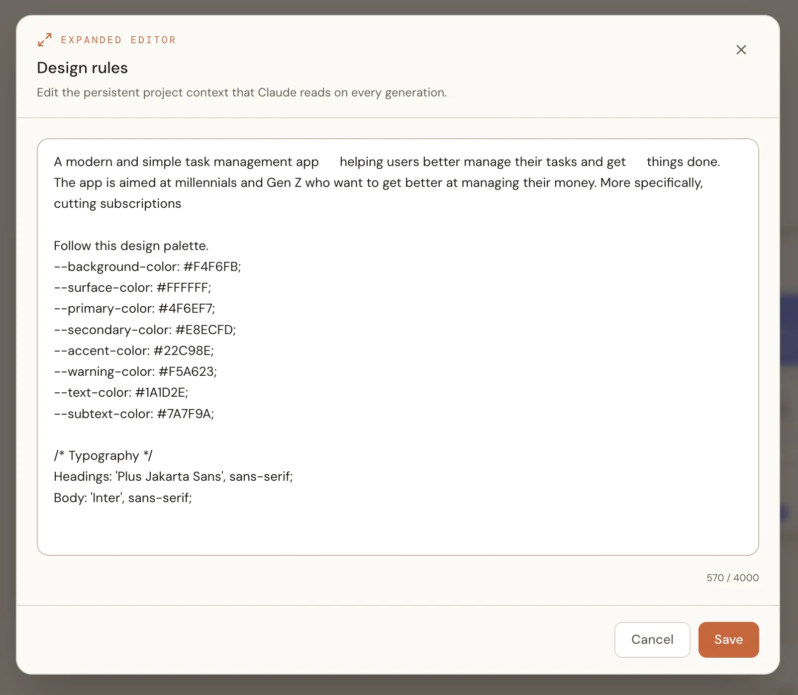 Design rules panel