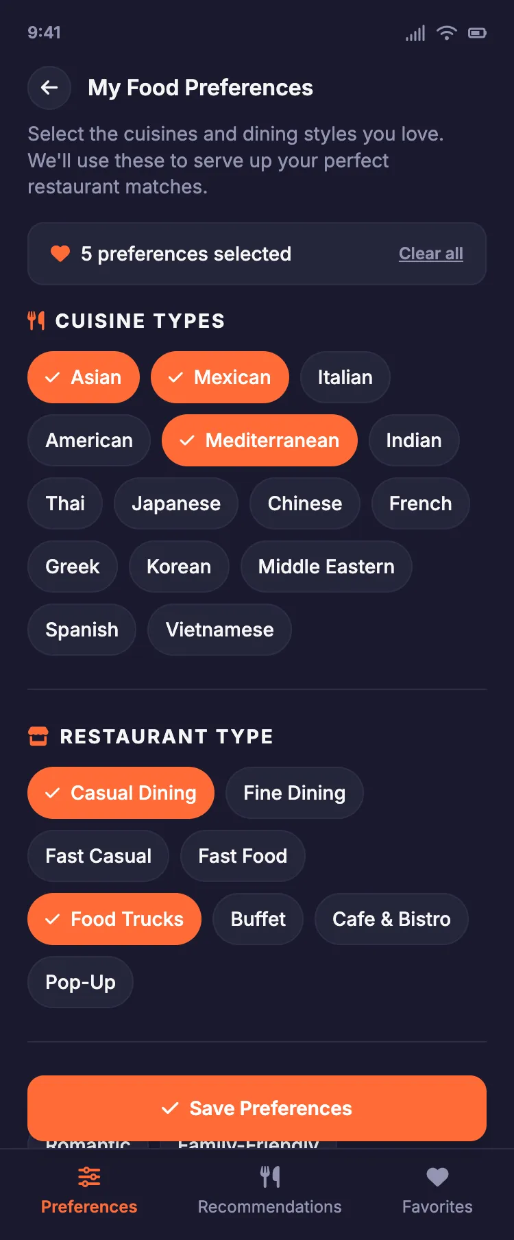 Restaurant Roulette — Food preferences screen