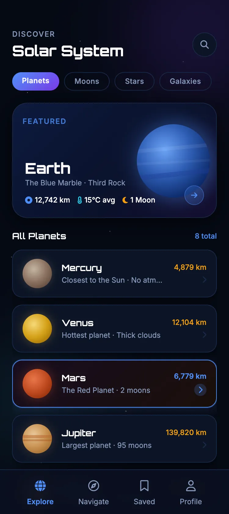 Planets app screen