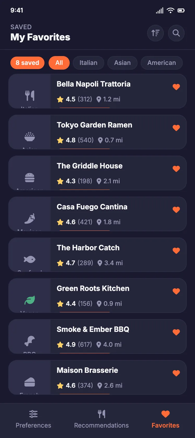 Restaurant Roulette — Favorites dark theme
