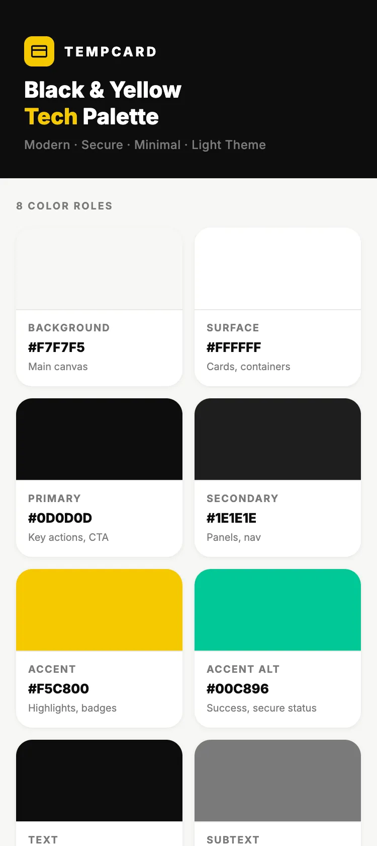 Temp Card App — Black and yellow tech card view