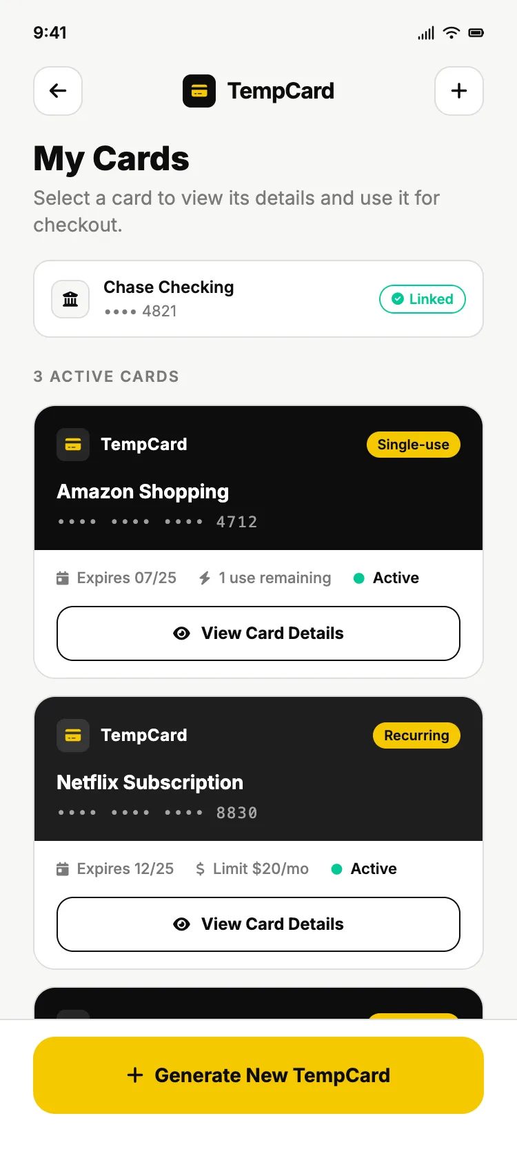 Temp Card App — My cards with color palette applied