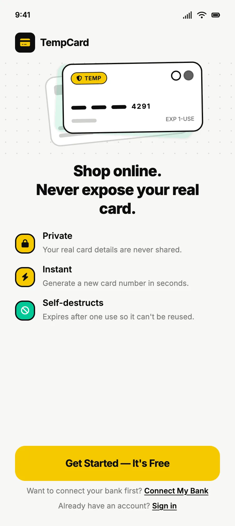 Temp Card App — Headline left stack value props
