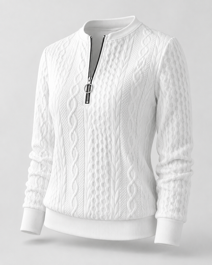 Zopfmuster-Pullover mit Reißverschlusskragen - Weiß