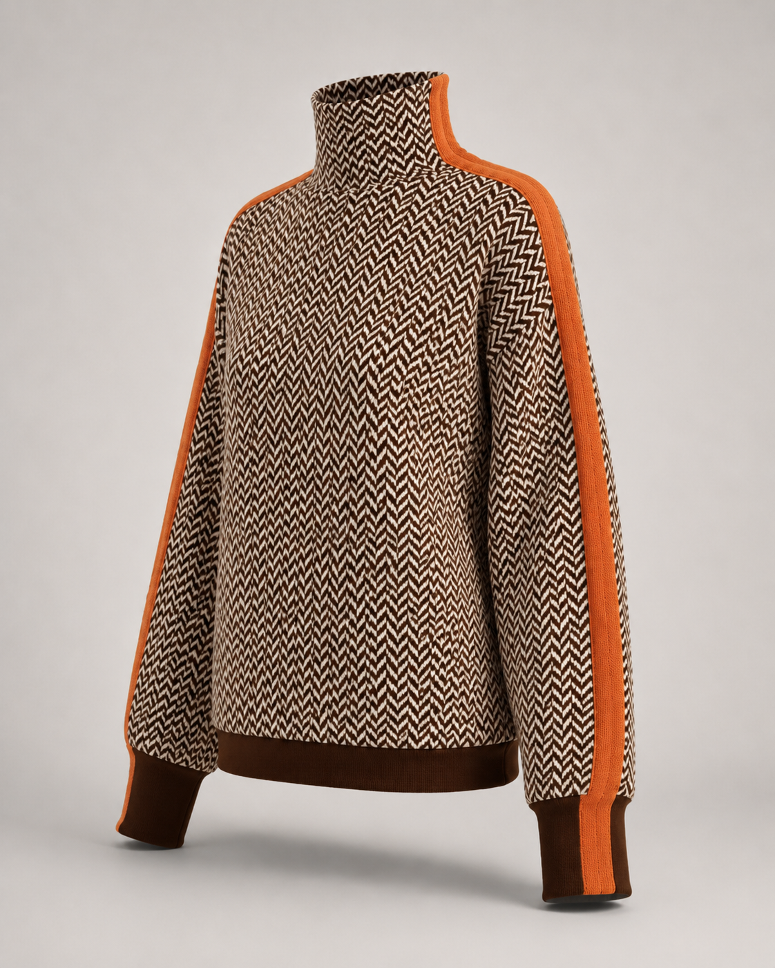 Fischgrat-Rollkragenpullover mit Kontraststreifen - Braun
