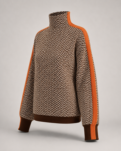 Fischgrat-Rollkragenpullover mit Kontraststreifen - Braun