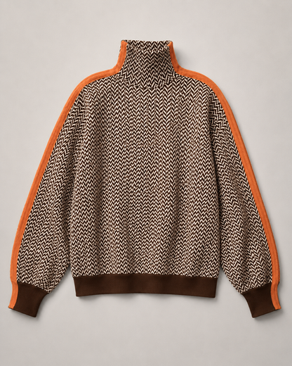 Fischgrat-Rollkragenpullover mit Kontraststreifen - Detail