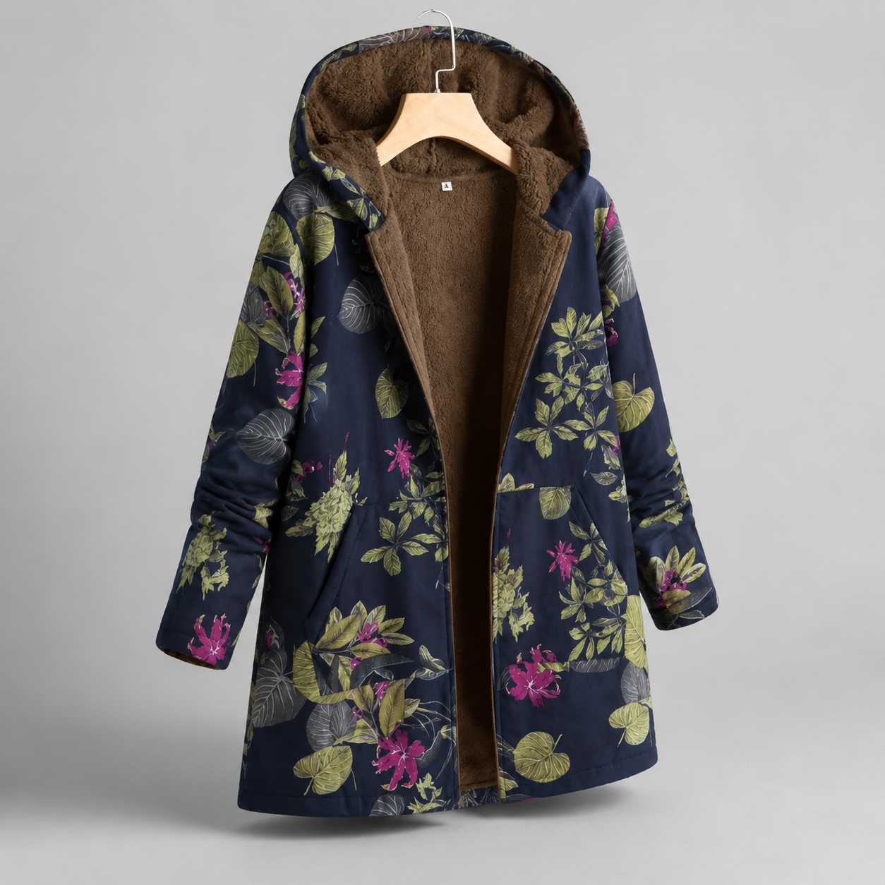 Blumen-Kapuzenmantel mit Fleece-Futter - Marineblau Floral