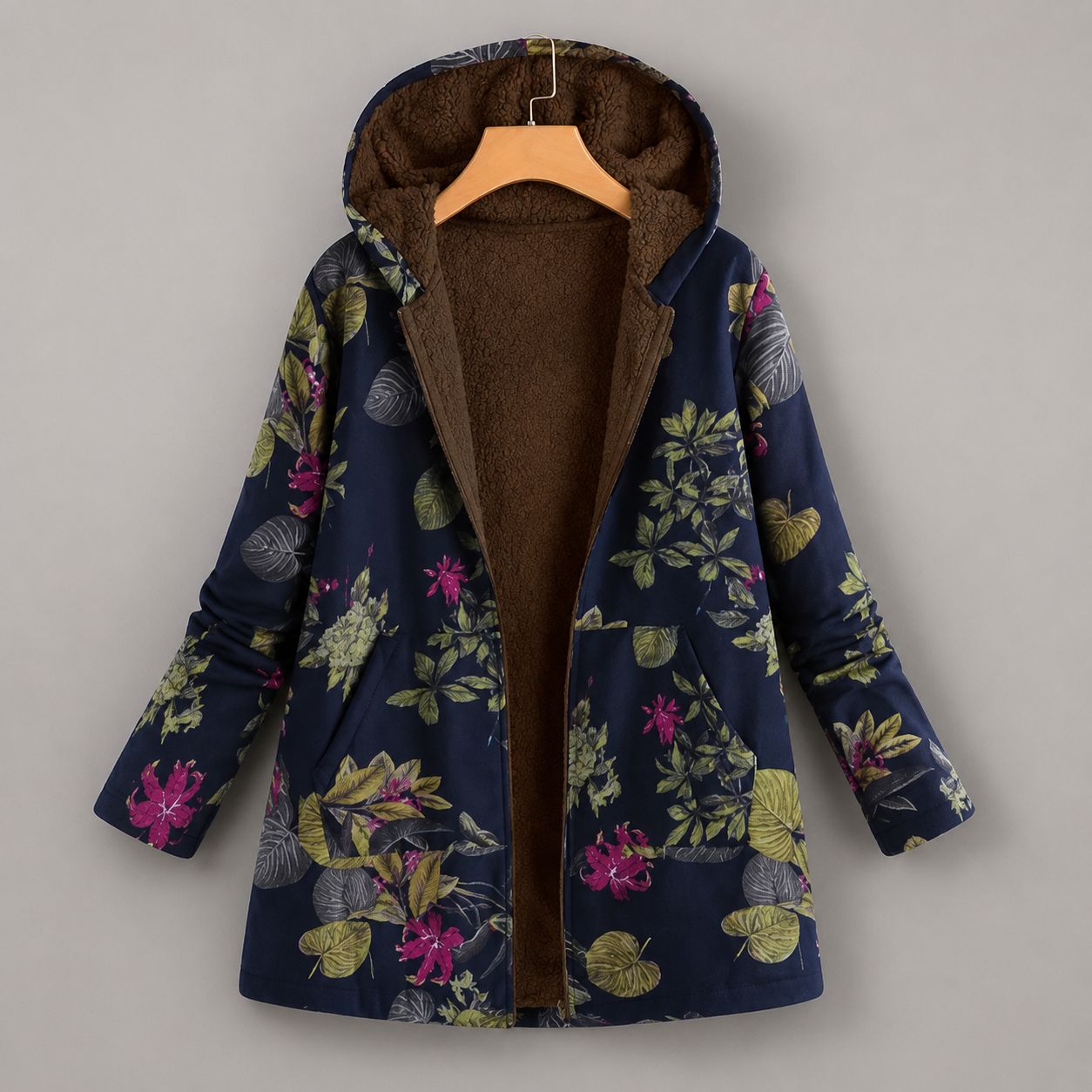 Blumen-Kapuzenmantel mit Fleece-Futter - Detail