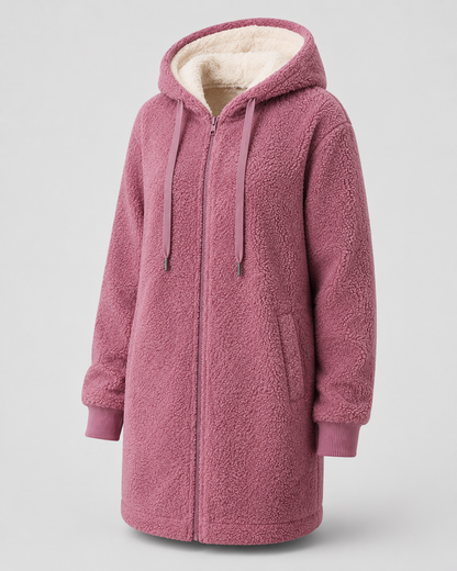 Sherpa-Fleece-Kapuzenmantel mit Reißverschluss - Mauve
