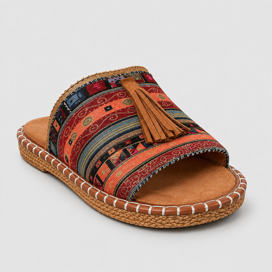 Boho-Pantoletten mit Quasten - Terrakotta Multi