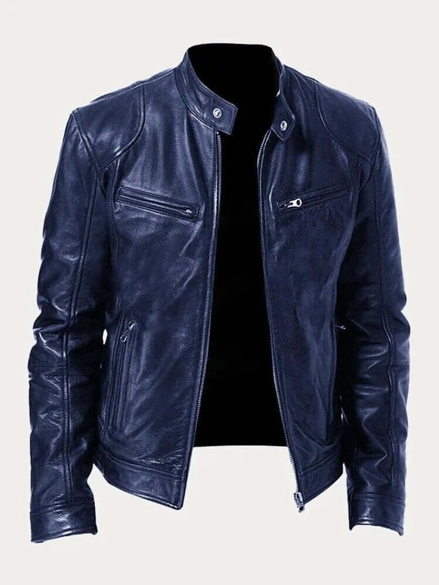 Men's classic leather-look moto jacket with zip front and stand collar