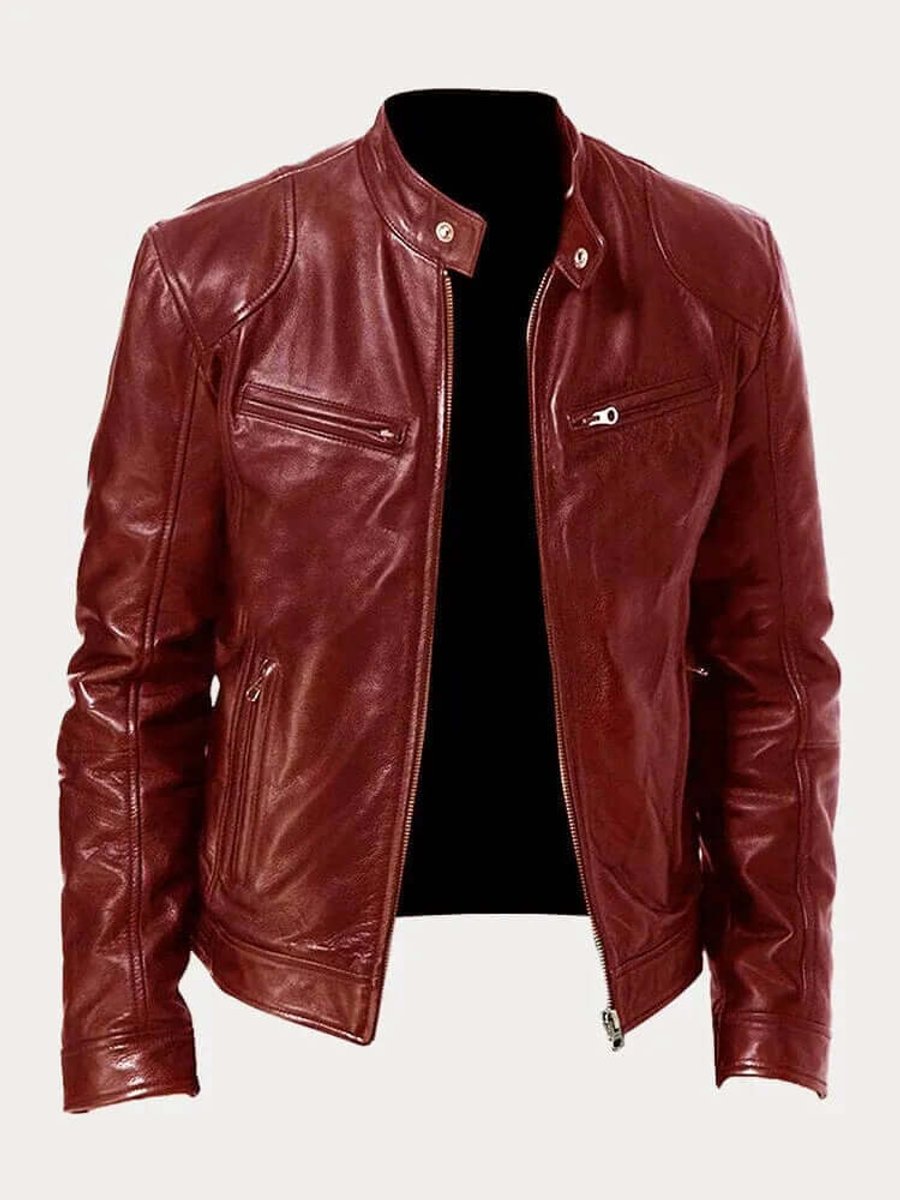 Men's classic leather-look moto jacket with zip front and stand collar
