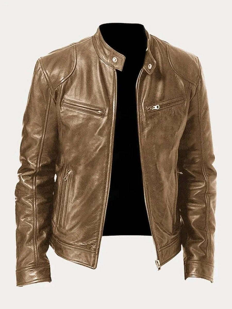 Men's classic leather-look moto jacket with zip front and stand collar