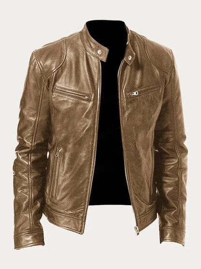Men's classic leather-look moto jacket with zip front and stand collar