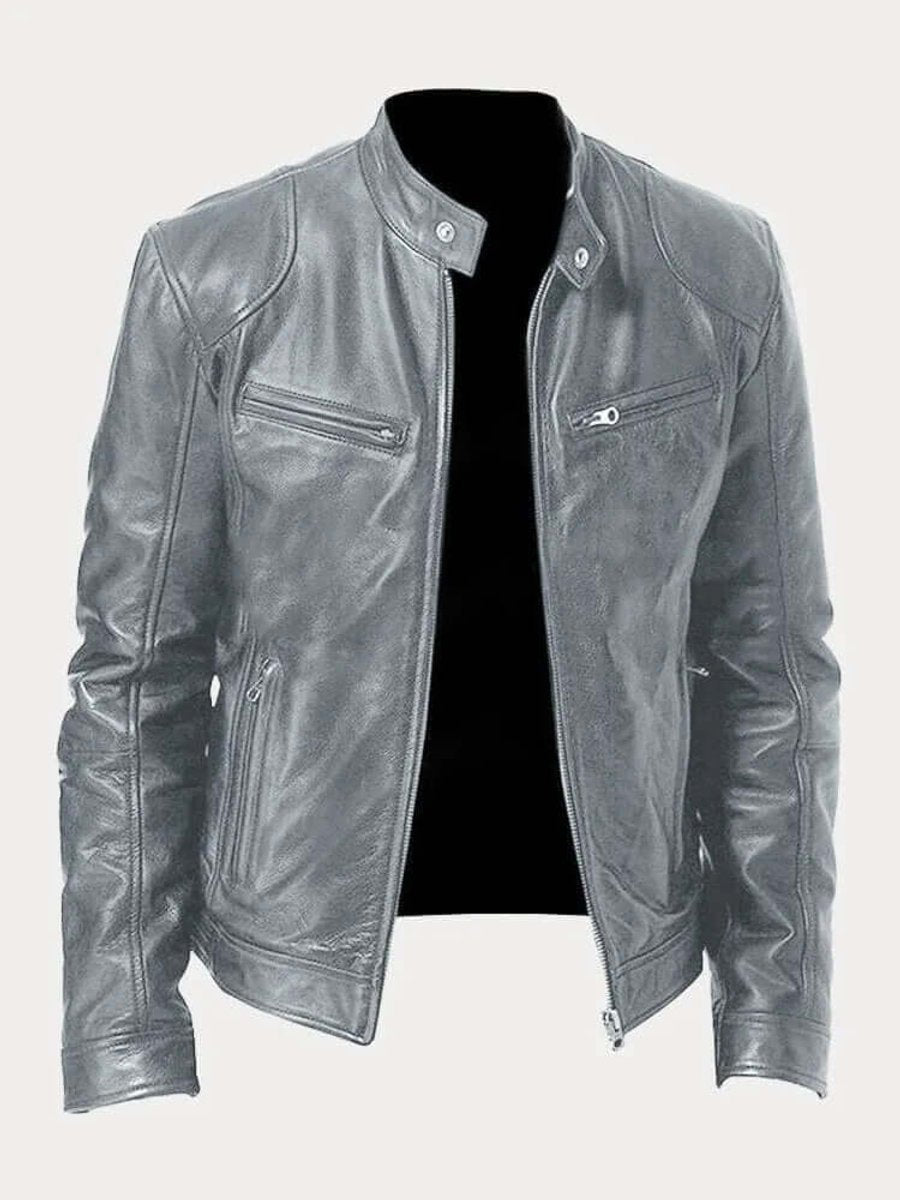 Men's classic leather-look moto jacket with zip front and stand collar
