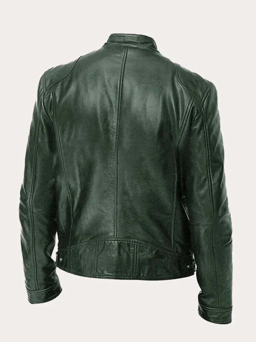 Men's classic leather-look moto jacket with zip front and stand collar
