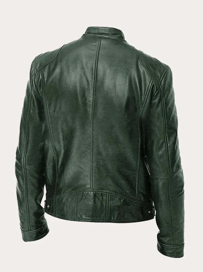 Men's classic leather-look moto jacket with zip front and stand collar