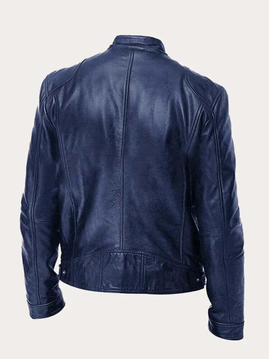 Men's classic leather-look moto jacket with zip front and stand collar