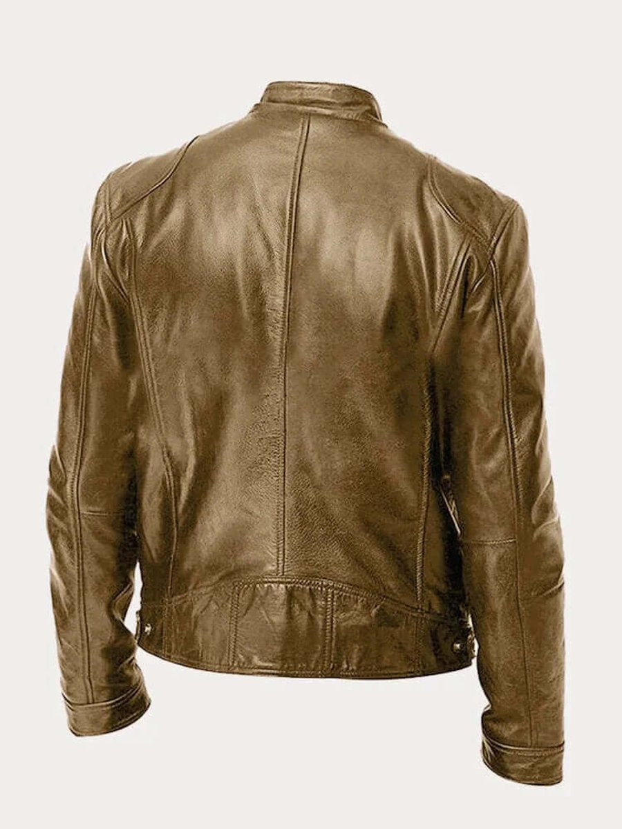 Men's classic leather-look moto jacket with zip front and stand collar