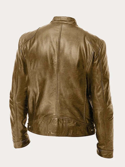 Men's classic leather-look moto jacket with zip front and stand collar