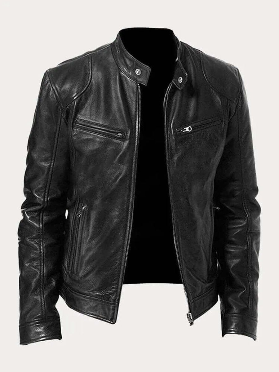 Men's classic leather-look moto jacket with zip front and stand collar
