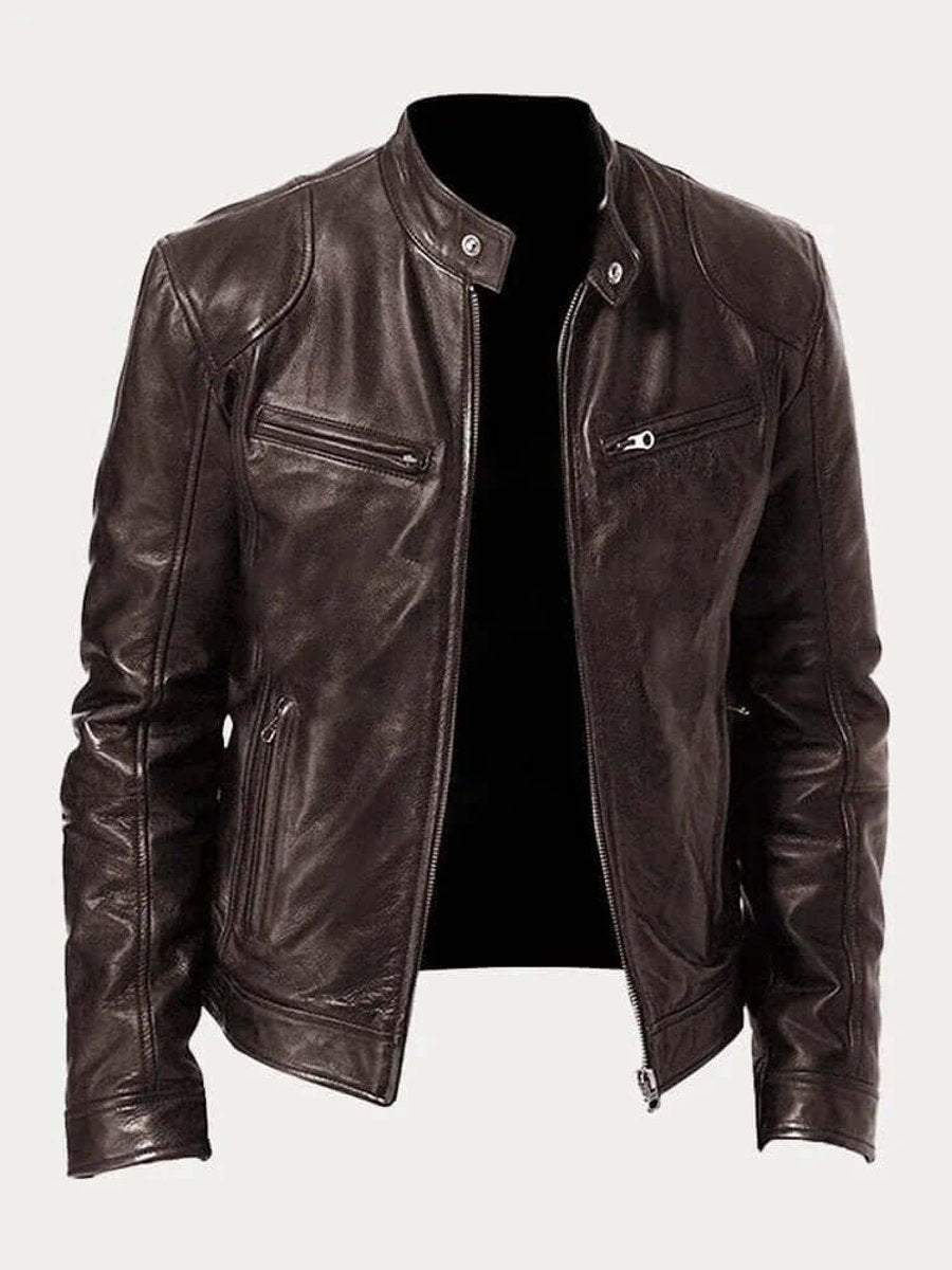 Men's classic leather-look moto jacket with zip front and stand collar