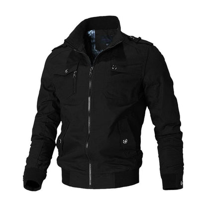Men's military-inspired zip-up bomber jacket with ribbed cuffs