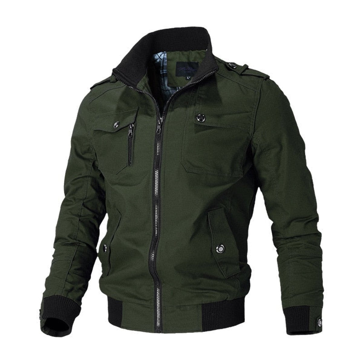 Men's military-inspired zip-up bomber jacket with ribbed cuffs