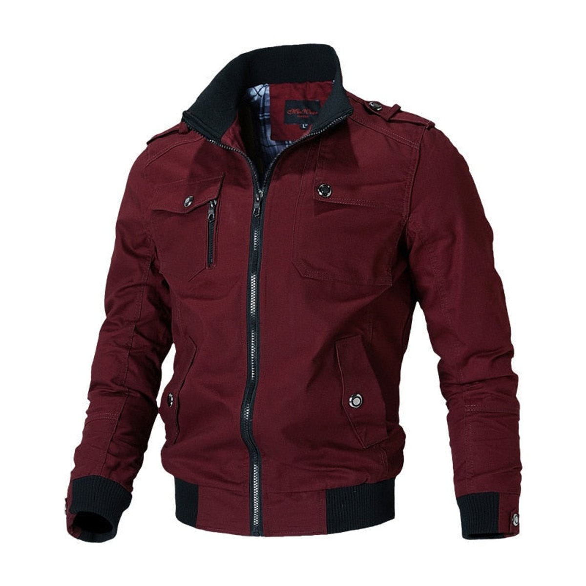 Men's military-inspired zip-up bomber jacket with ribbed cuffs