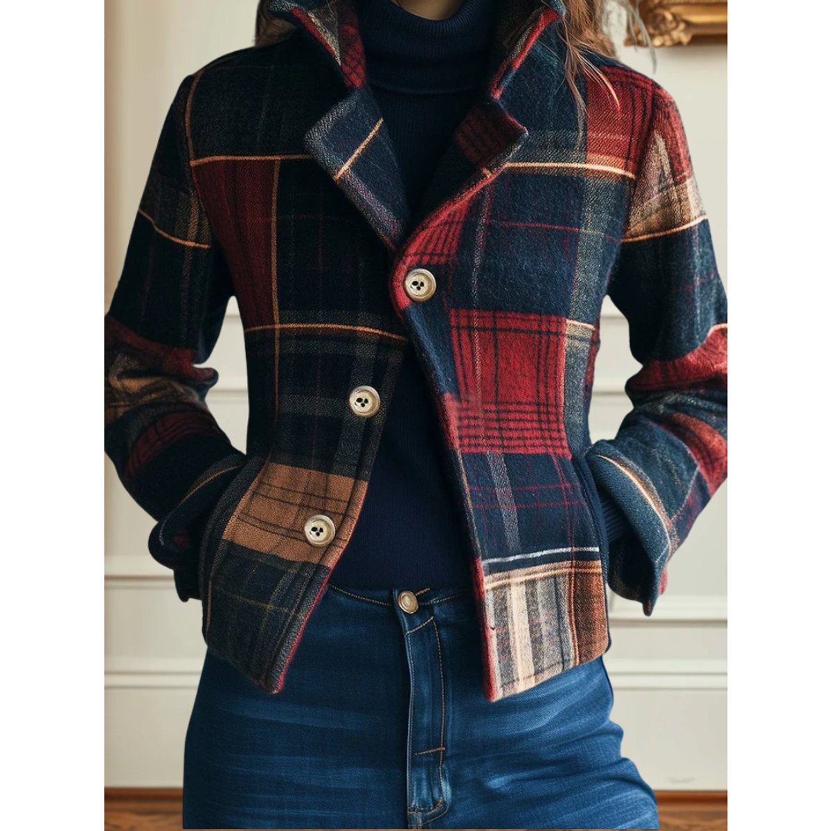 Women's Plaid Patchwork Single-Breasted Wool-Blend Jacket product view
