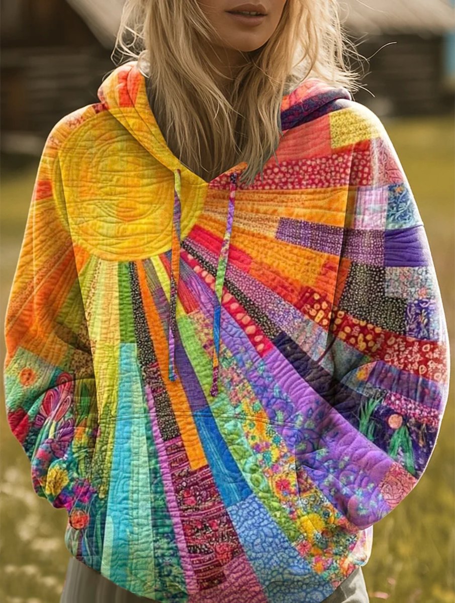 Women's Bohemian Quilted Patchwork Pullover Hoodie Sweater product view