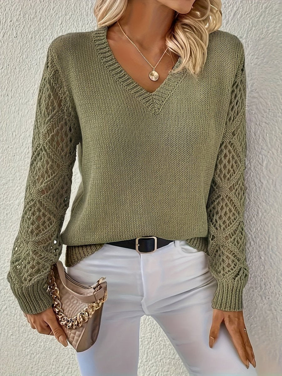 Women's V-Neck Hollow-Sleeve Pullover Knit Sweater product view