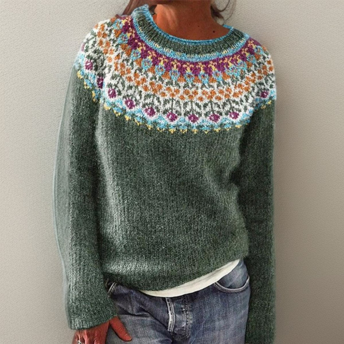 Women's Vintage Floral Yoke Pullover Knit Sweater product view