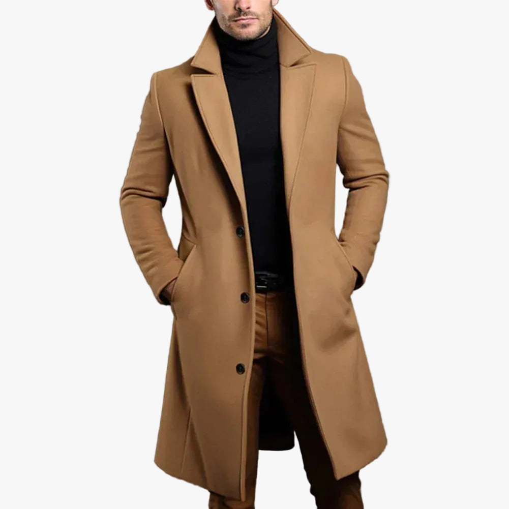 Men's Formal Woven Long Coat with Notched Lapel and Pockets product view