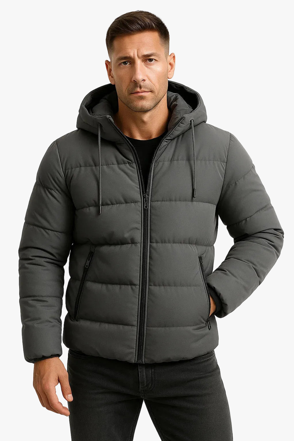 Men's Quilted Woven Jacket With Hood And Zip Pockets product view