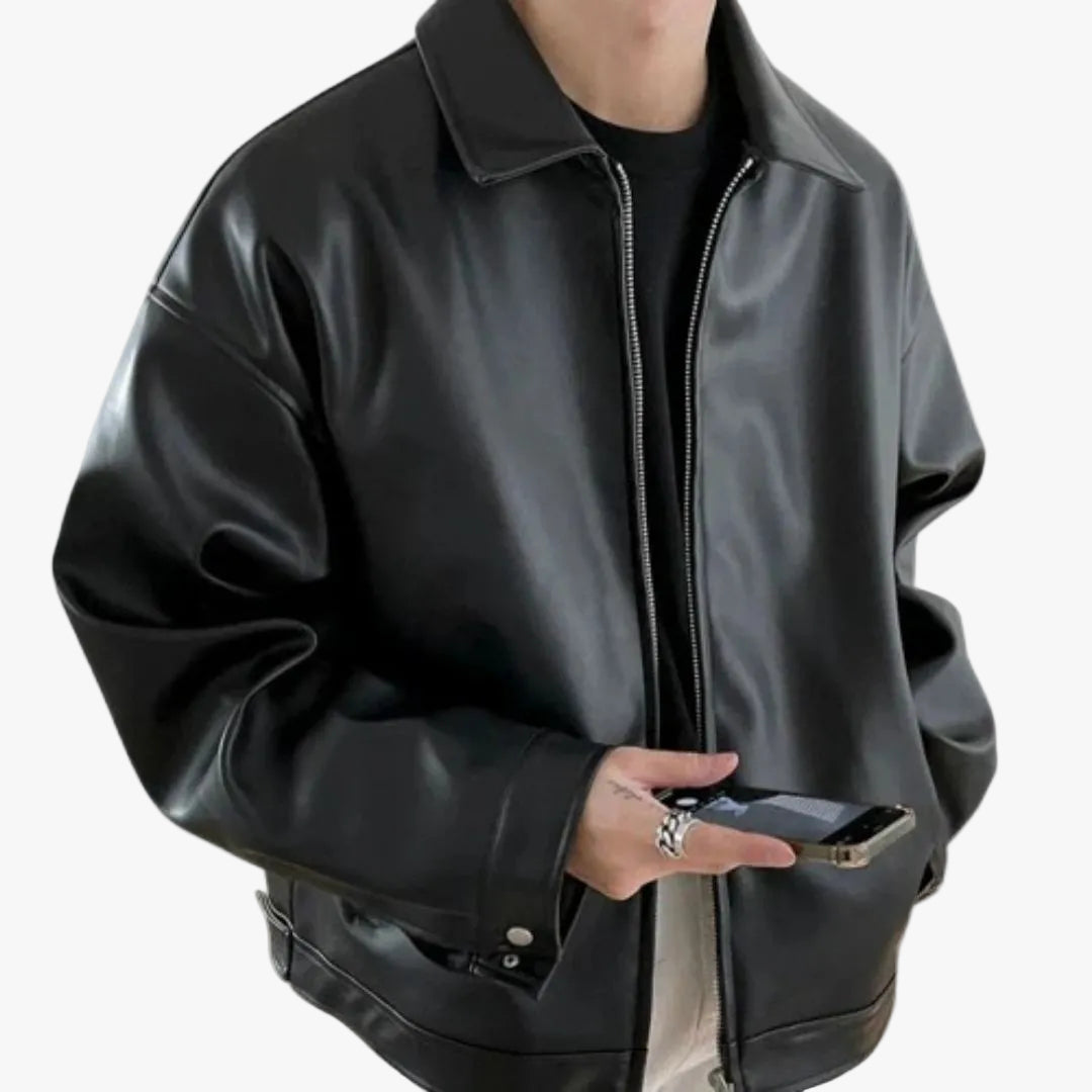 Men's Faux Bomber Jacket With Zip Front And Spread Collar product view