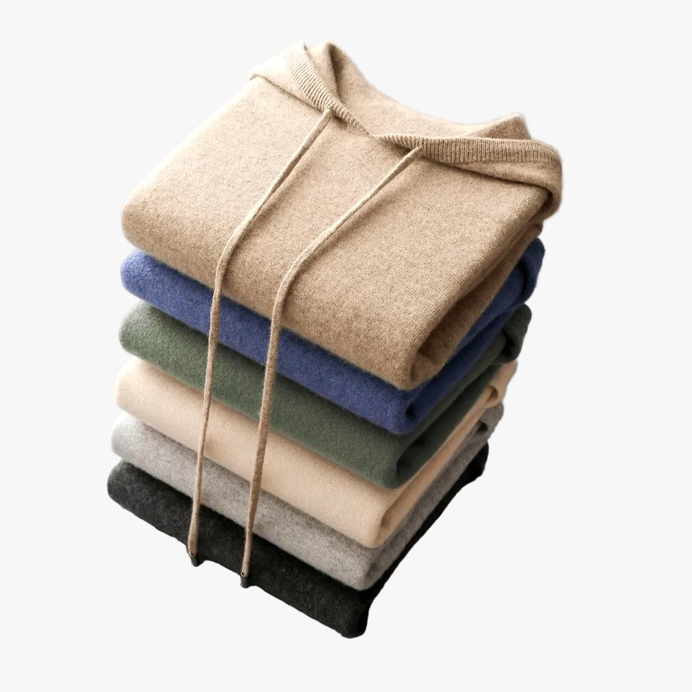 Men's Merino Knit Hoodie With Drawstrings And Ribbed Trim product view