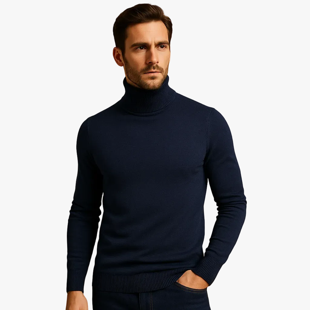 Men's Fine Knit Turtleneck Sweater With Ribbed Collar And Hem product view