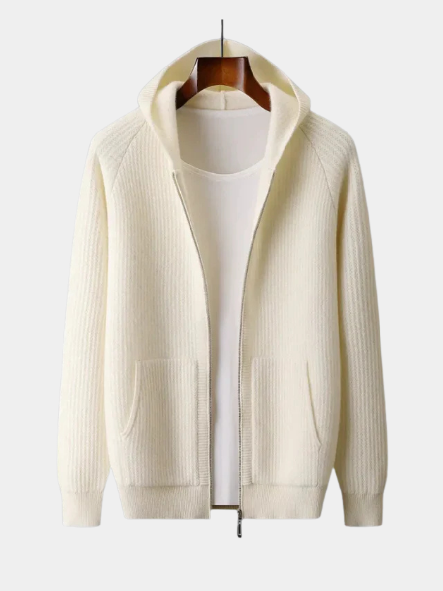 Men's Hooded Knit Sweater With Full Zip And Patch Pockets product view