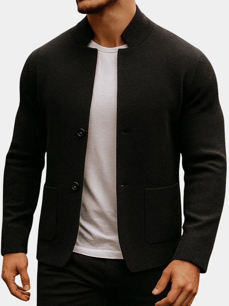 Men's Quilted Jacket Knit-Texture Mandarin-Collar Button-Front Blazer product view