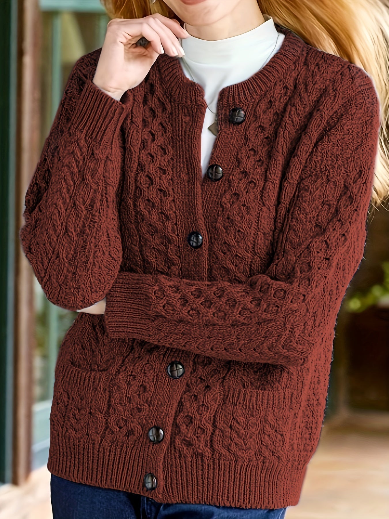 Plain Knitted Cardigan with Button Closure and Pockets - Olivia product view
