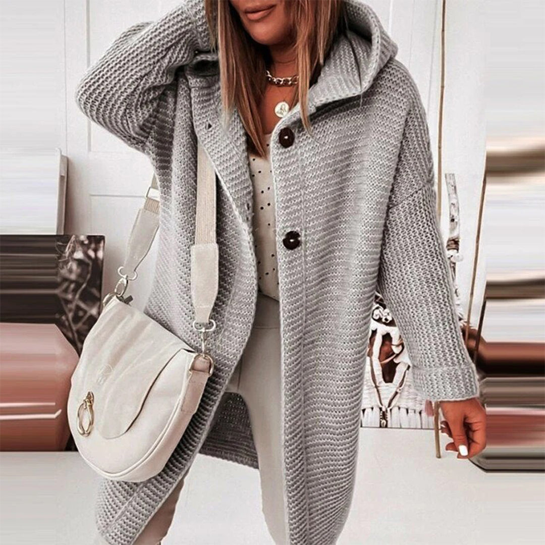 length Knitted Women's Cardigan with Button Closure and Hood - Mila product view