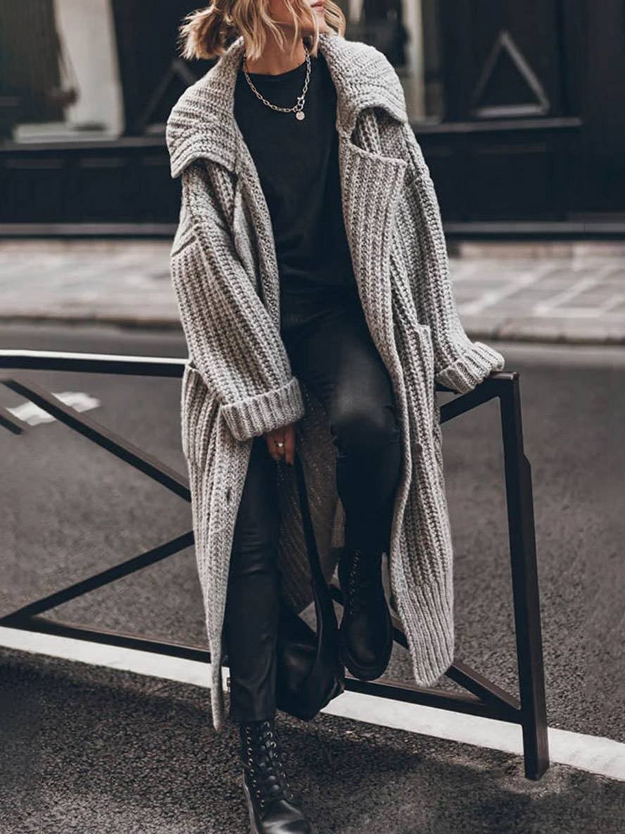 Women's Oversized Chunky Rib-Knit Longline Lapel Cardigan product view